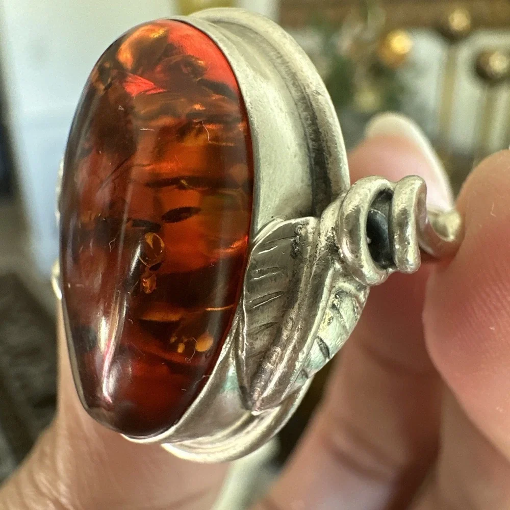 Vintage Artisan Brutalist Ring Size 7 Poland Baltic Amber 925 Sterling 12.5g MCM